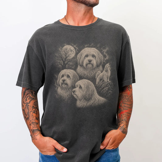 Model wearing a Pepper Comfort Colors® T-shirt with a vintage moon montage featuring Havanese