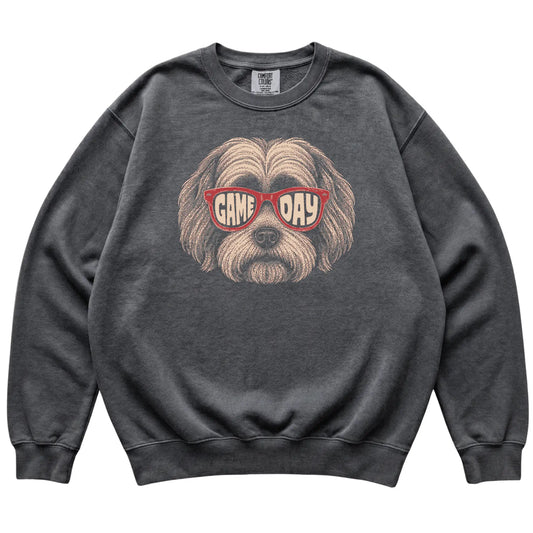 Pepper Havanese Game Day Sunglasses sweatshirt, laid flat