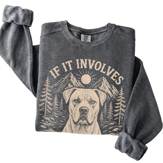 Pepper Comfort Colors® sweatshirt featuring Hiking and American Bulldogs, folded presentation
