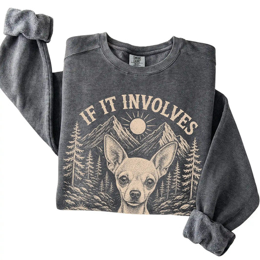 Pepper Comfort Colors® sweatshirt featuring Hiking and Chihuahuas, folded presentation