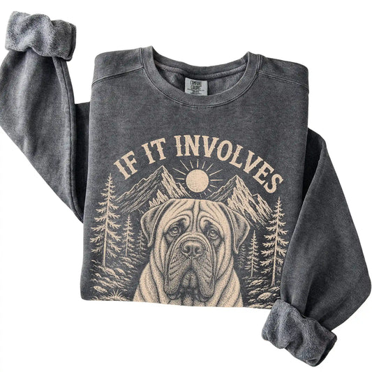 Pepper Comfort Colors® sweatshirt featuring Hiking and Mastiffs, folded presentation