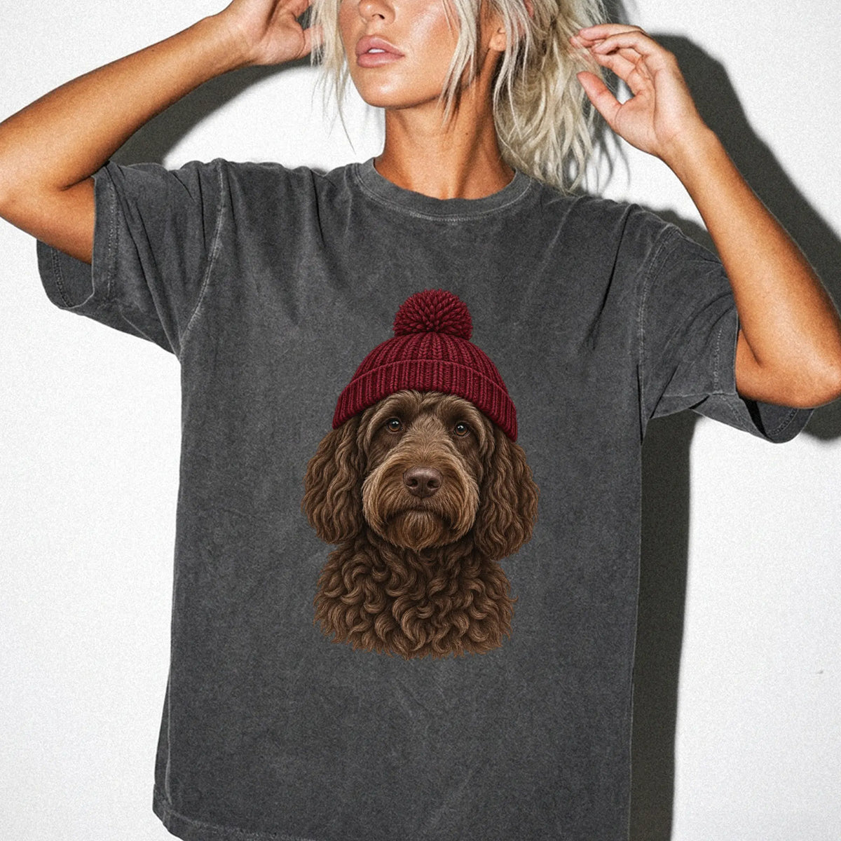 Woman wearing a Pepper Labradoodle hipster T-shirt with a maroon-beanie dog portrait