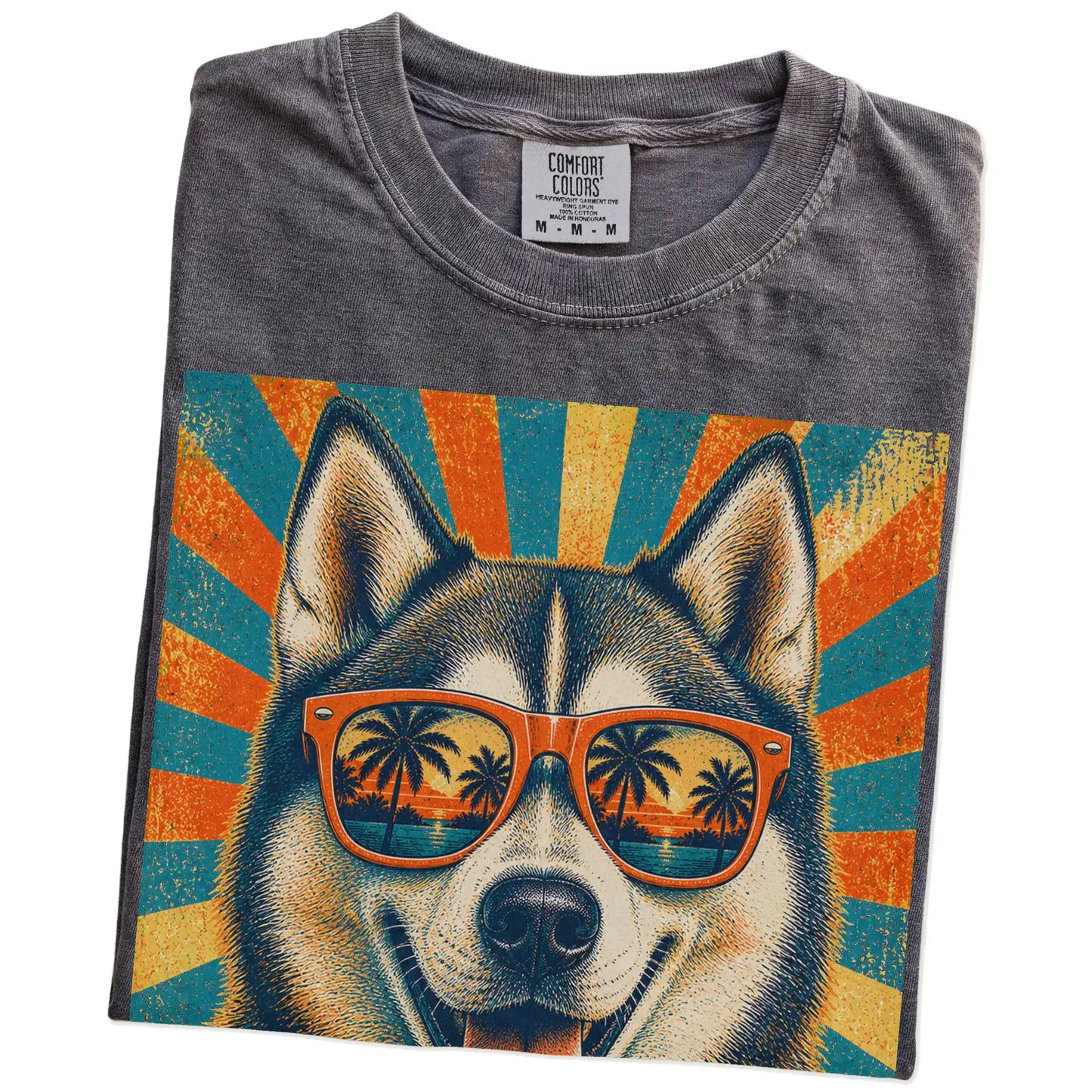 Retro Husky Dad design on a Pepper Comfort Colors T-shirt folded detail