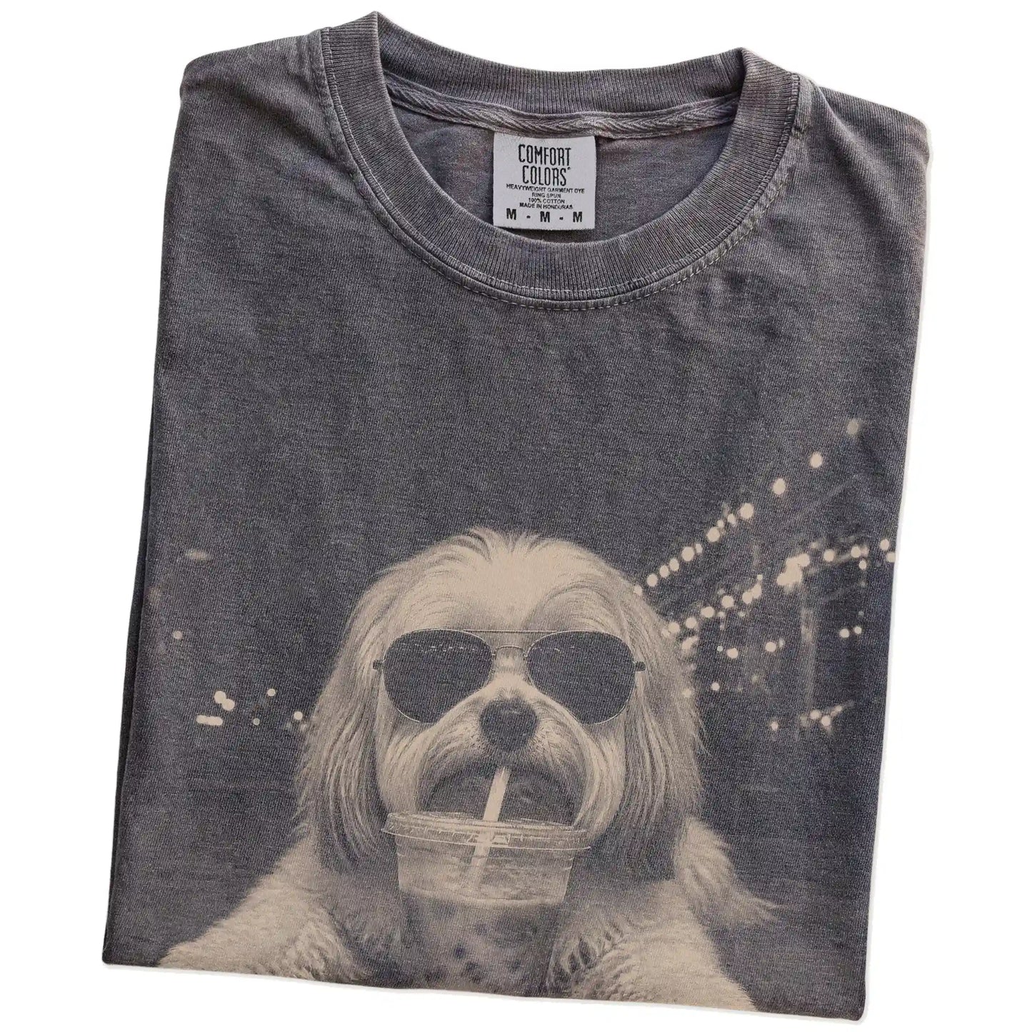 Folded Pepper Comfort Colors® T-shirt showing Havanese with iced coffee in a retro grunge design