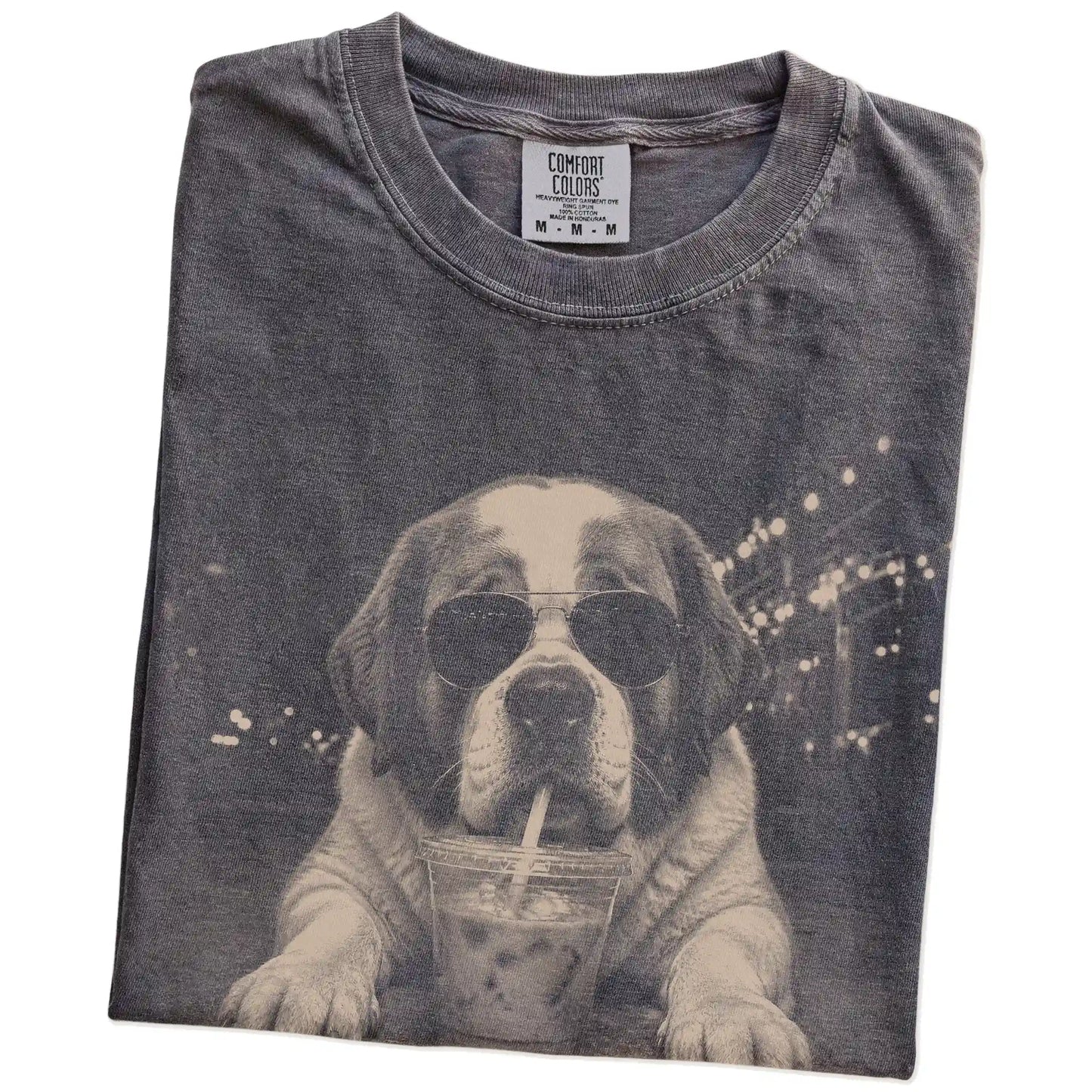 Folded Pepper Comfort Colors® T-shirt showing Saint Bernard with iced coffee in a retro grunge design