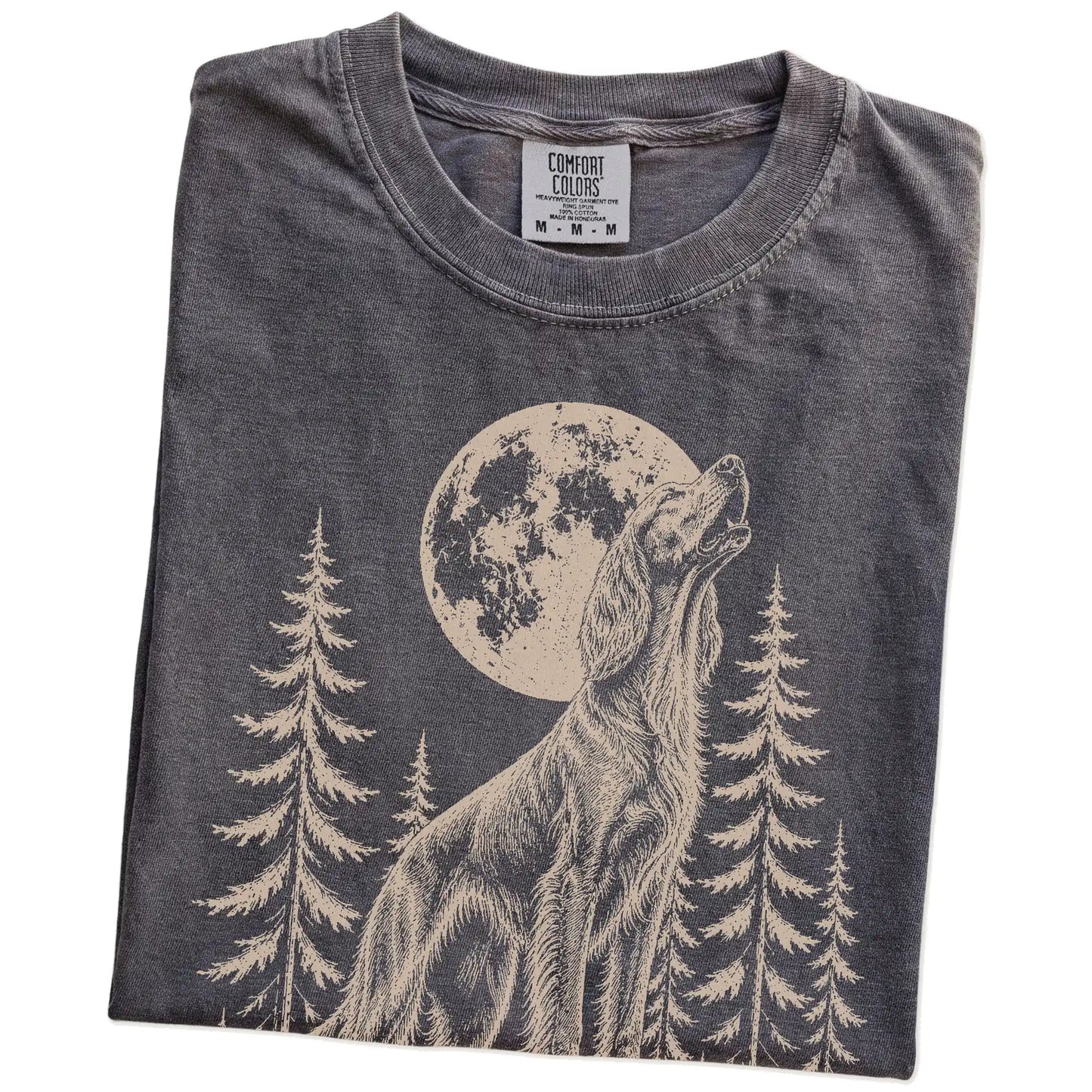 Folded Pepper Comfort Colors® T-shirt showing a Irish Setter howling beneath the moon and pine trees