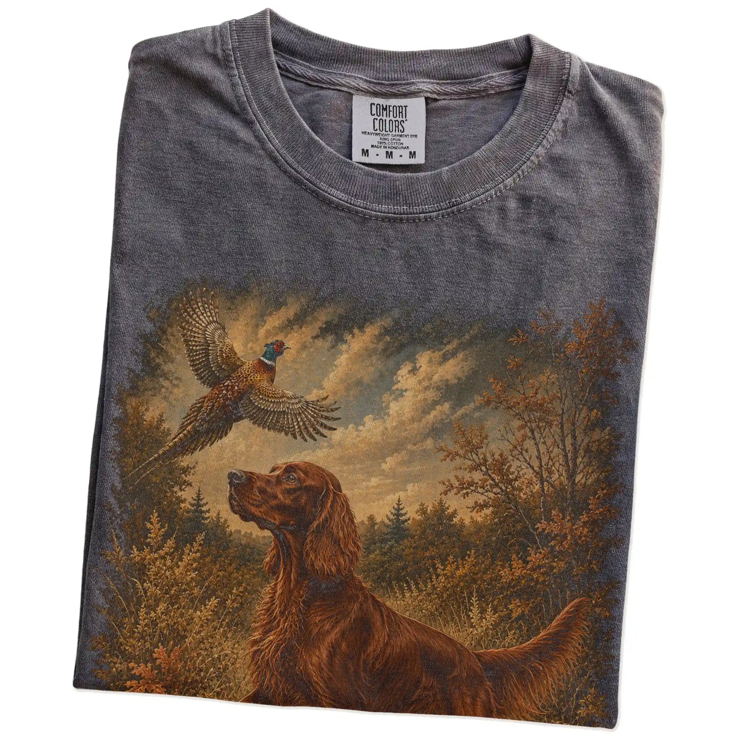 Folded Pepper Irish Setter Pheasant Hunting T-Shirt showing the graphic