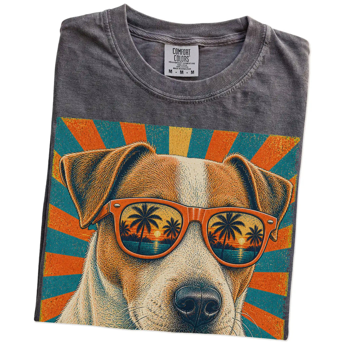 Retro Jack Russell Dad design on a Pepper Comfort Colors T-shirt folded detail