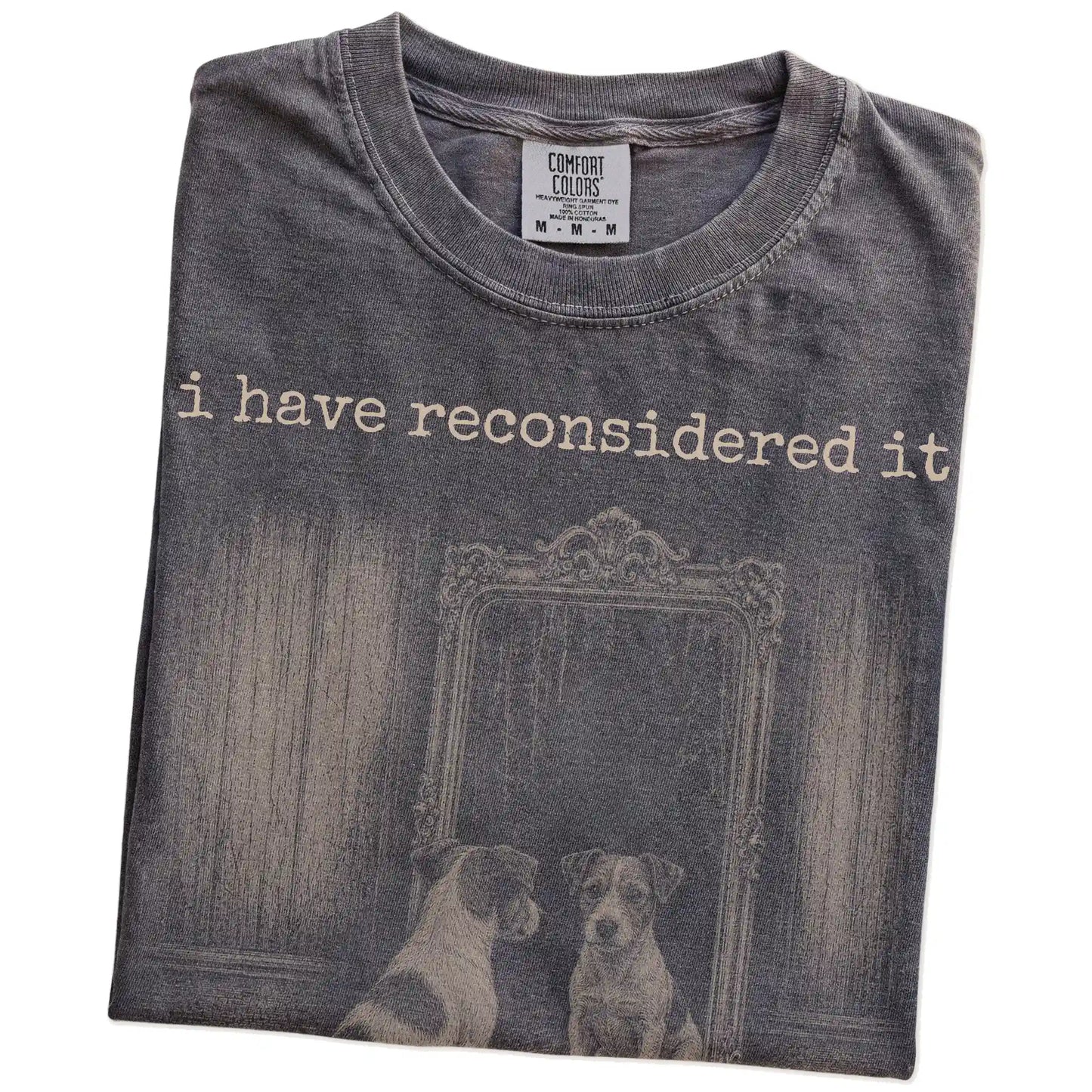 Folded Pepper Comfort Colors® T-shirt showing “the answer is still no” jack russell design