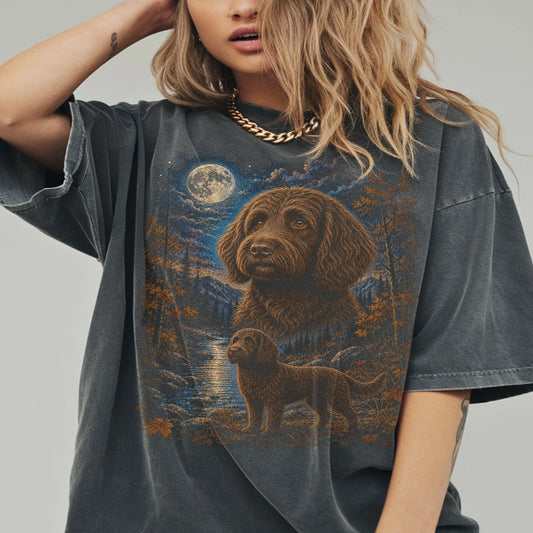 Model wearing a pepper T-shirt with Labradoodle Autumn Moon artwork.