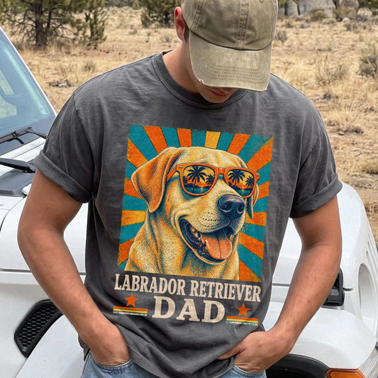 Retro Labrador Retriever Dad design on a Pepper Comfort Colors T-shirt worn by a model