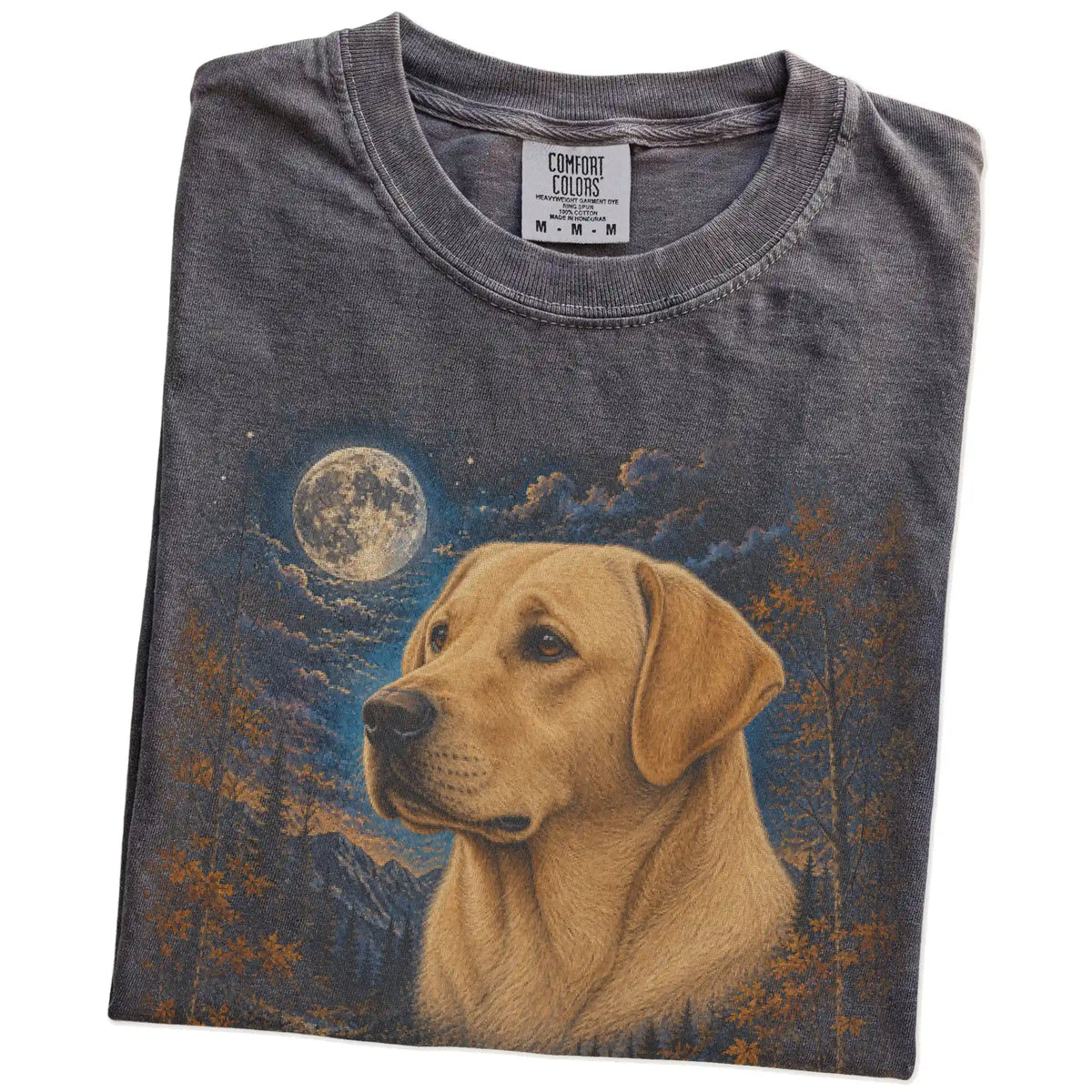 Folded Pepper Comfort Colors® t-shirt showing Labrador Retriever in a fall forest graphic