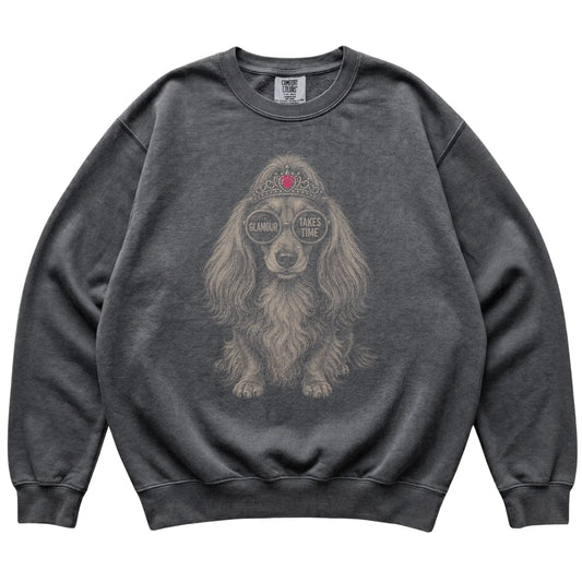 Pepper Comfort Colors sweatshirt featuring Long-Haired Dachshund Glamour Takes Time, laid-flat presentation