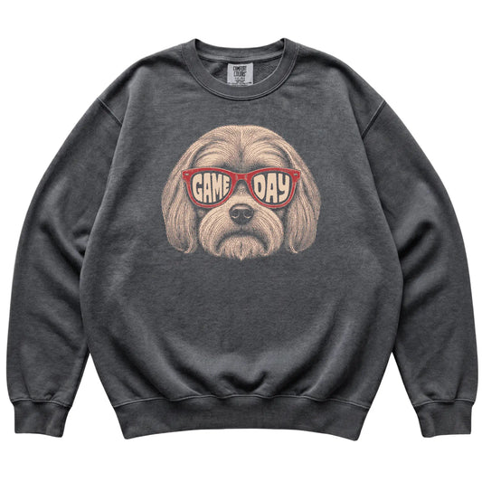 Pepper Maltese Game Day Sunglasses sweatshirt, laid flat