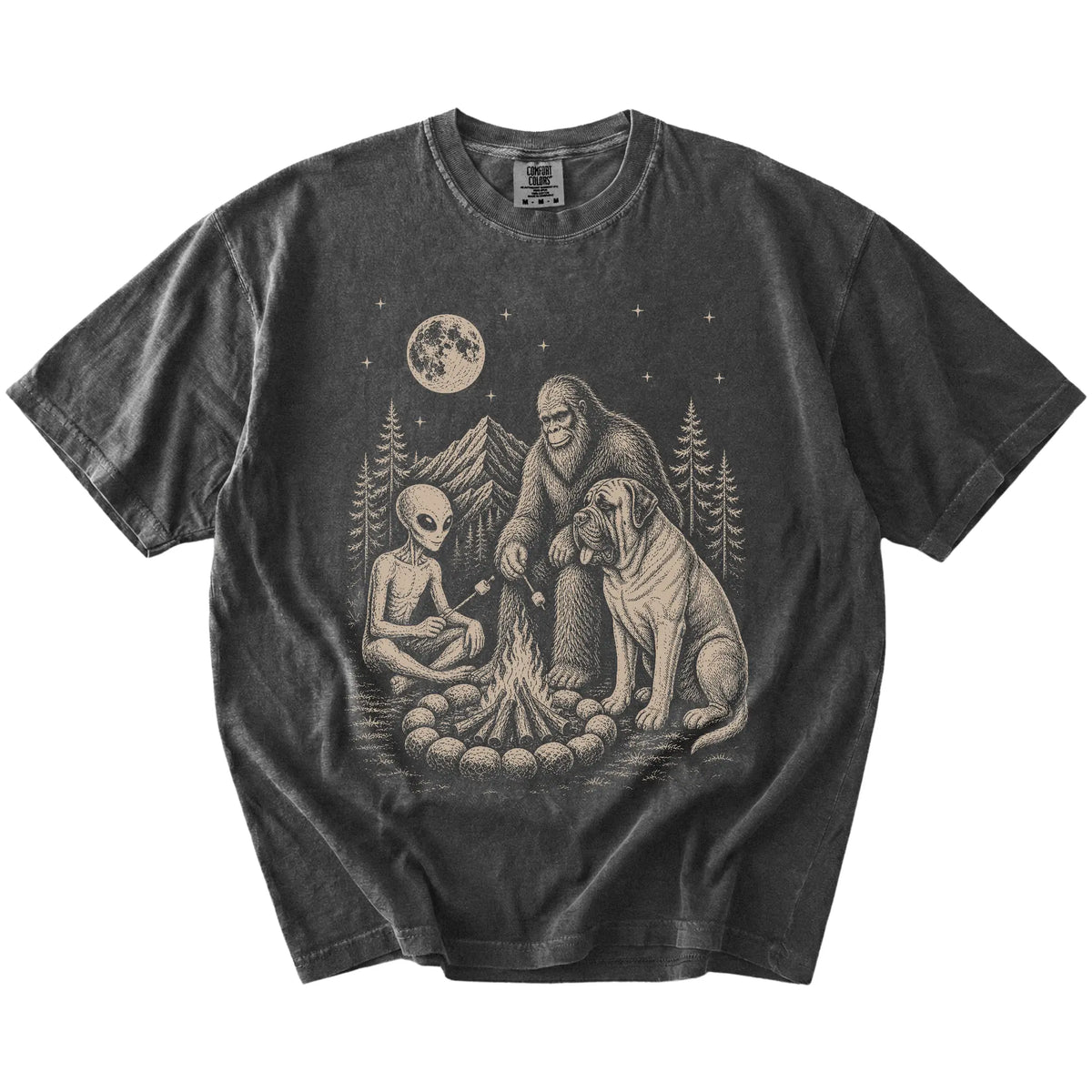 Mastiff camping with Bigfoot and an alien on a Pepper Comfort Colors® T-shirt