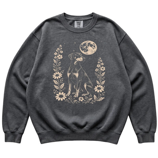 Pepper Moon Flowers Doberman Comfort Colors sweatshirt, flat view