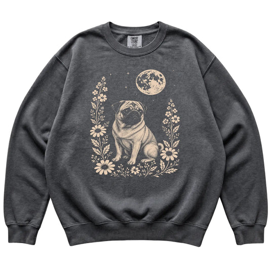 Pepper Moon Flowers Pug Comfort Colors sweatshirt, flat view
