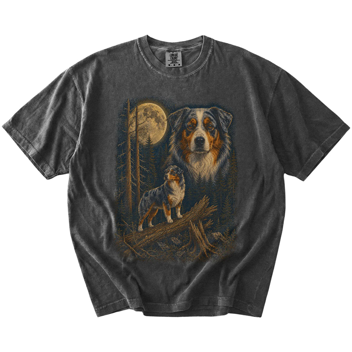 Australian Shepherd in a moonlit forest on a Pepper t-shirt