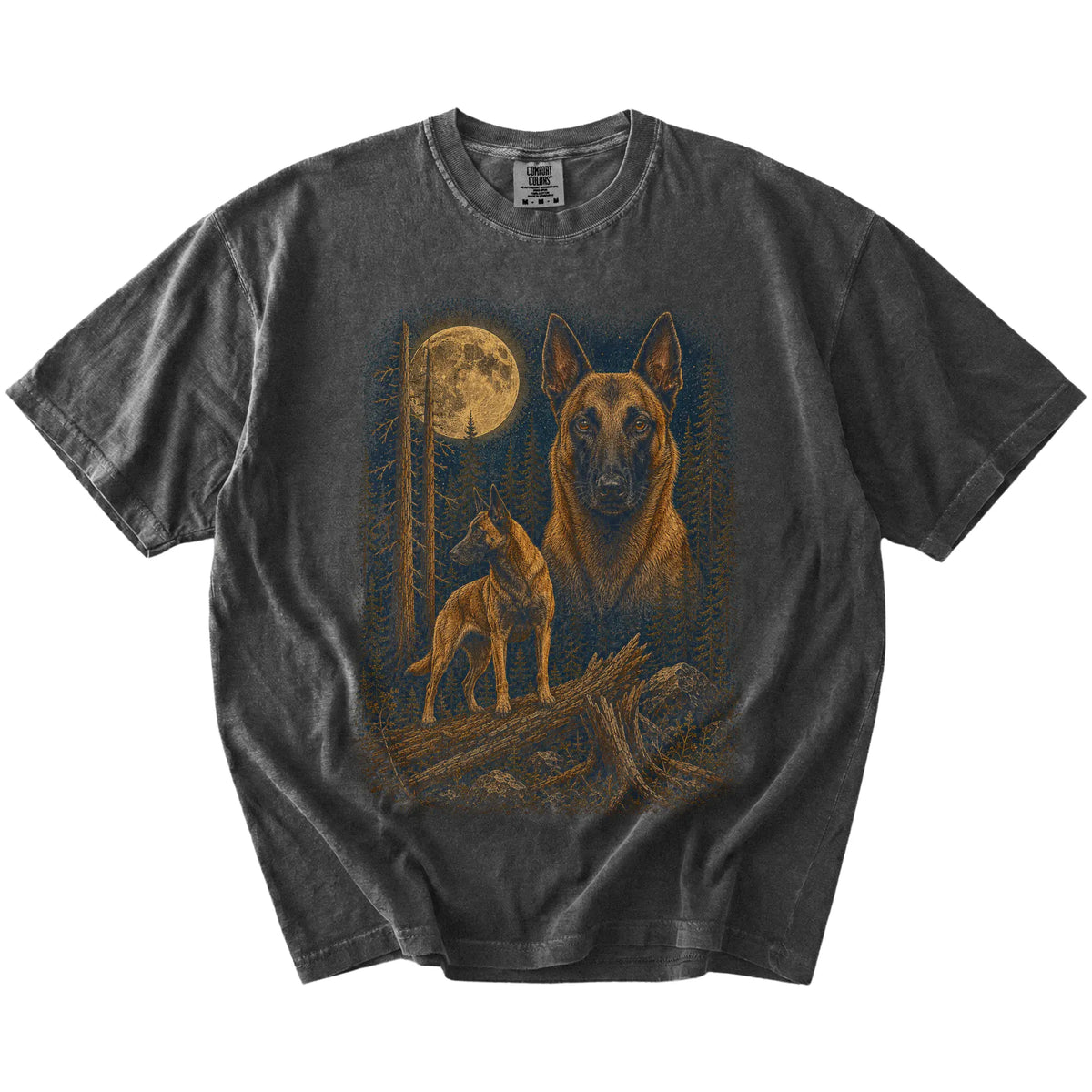 Belgian Malinois in a moonlit forest on a Pepper t-shirt