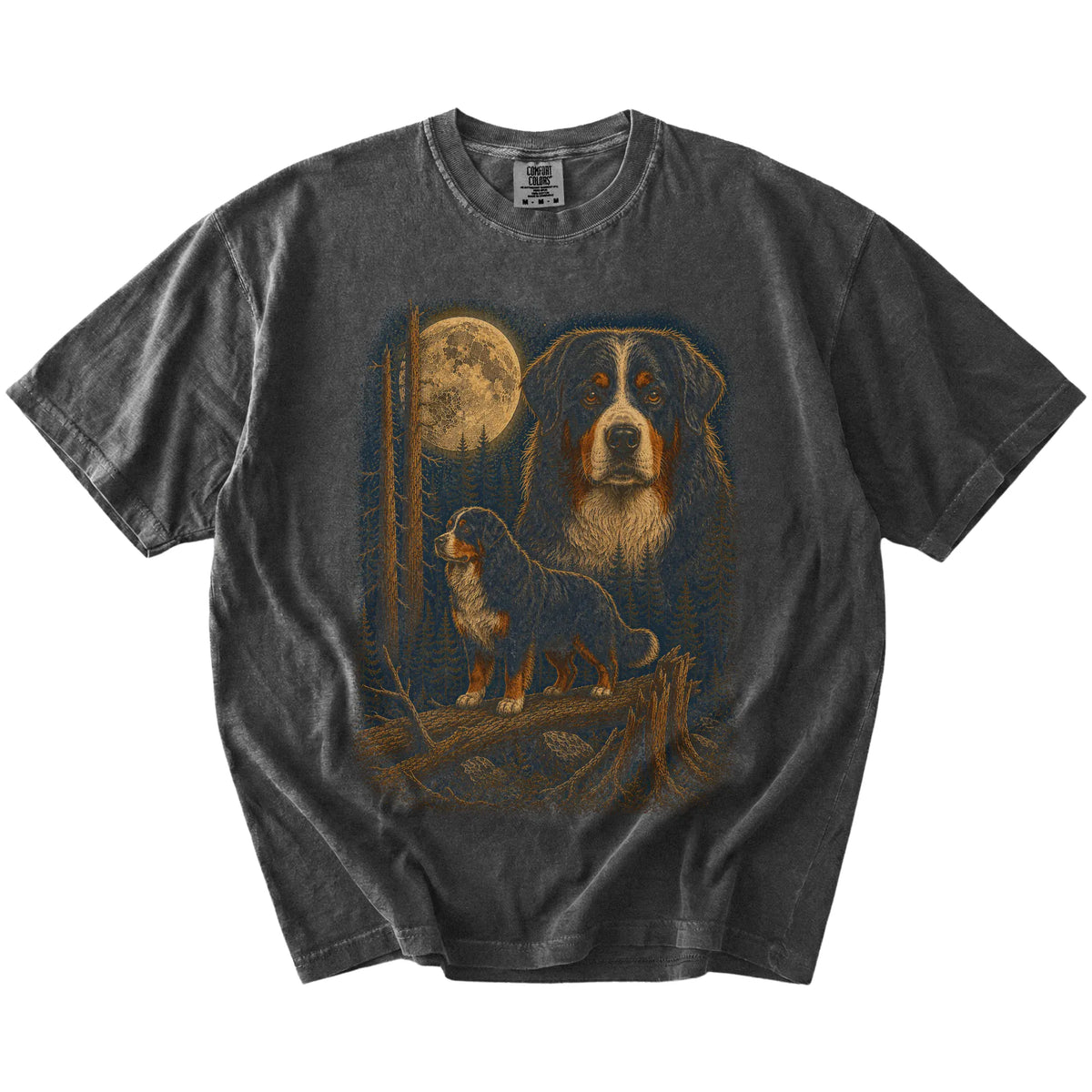 Bernese Mountain Dog in a moonlit forest on a Pepper t-shirt