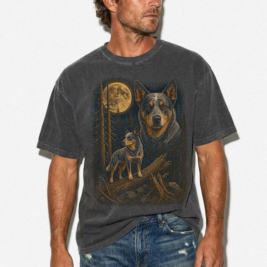 Person wearing a Pepper Blue Heeler full-color Moonlit Forest t-shirt