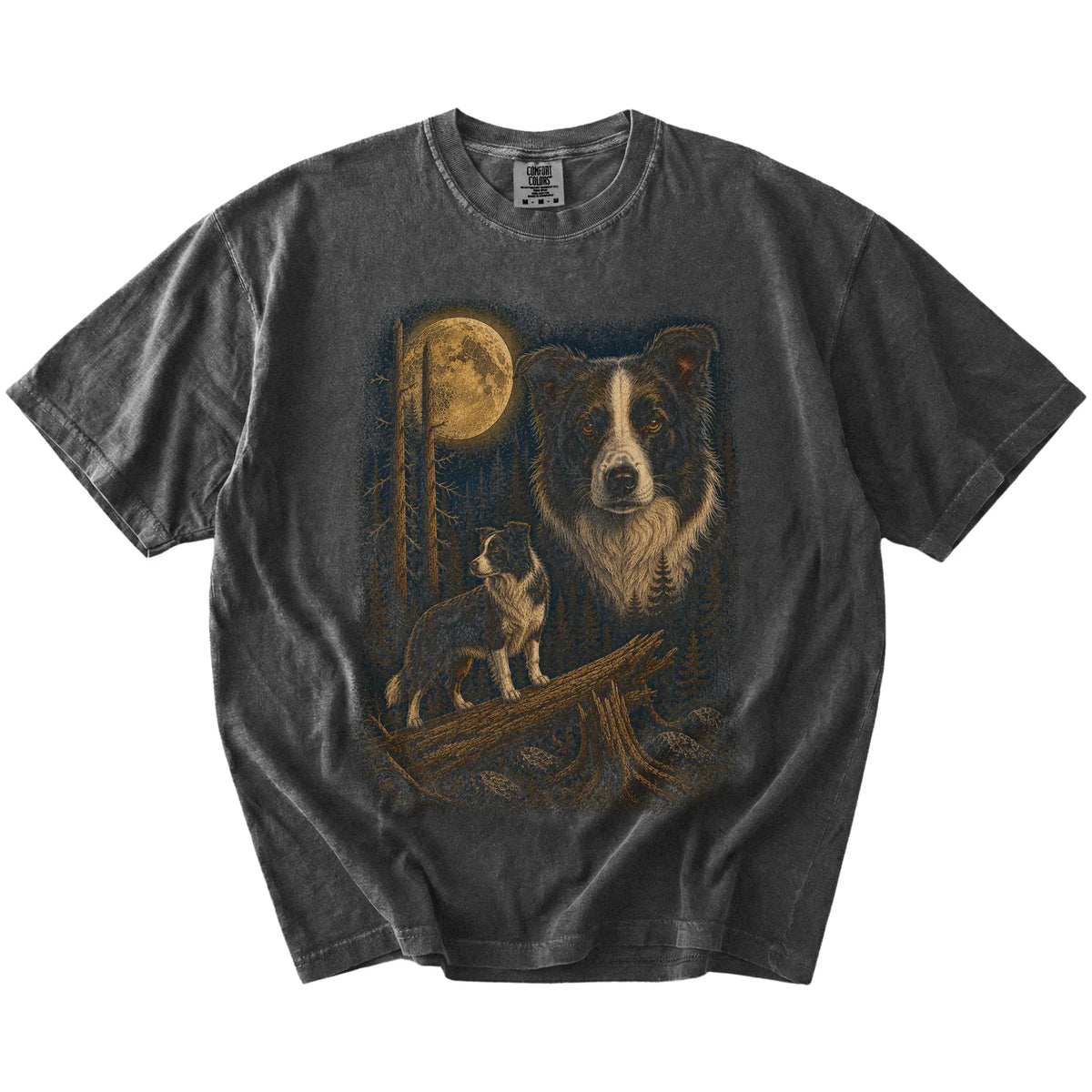 Border Collie in a moonlit forest on a Pepper t-shirt