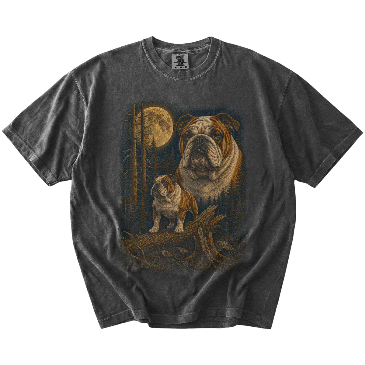 Bulldog in a moonlit forest on a Pepper t-shirt