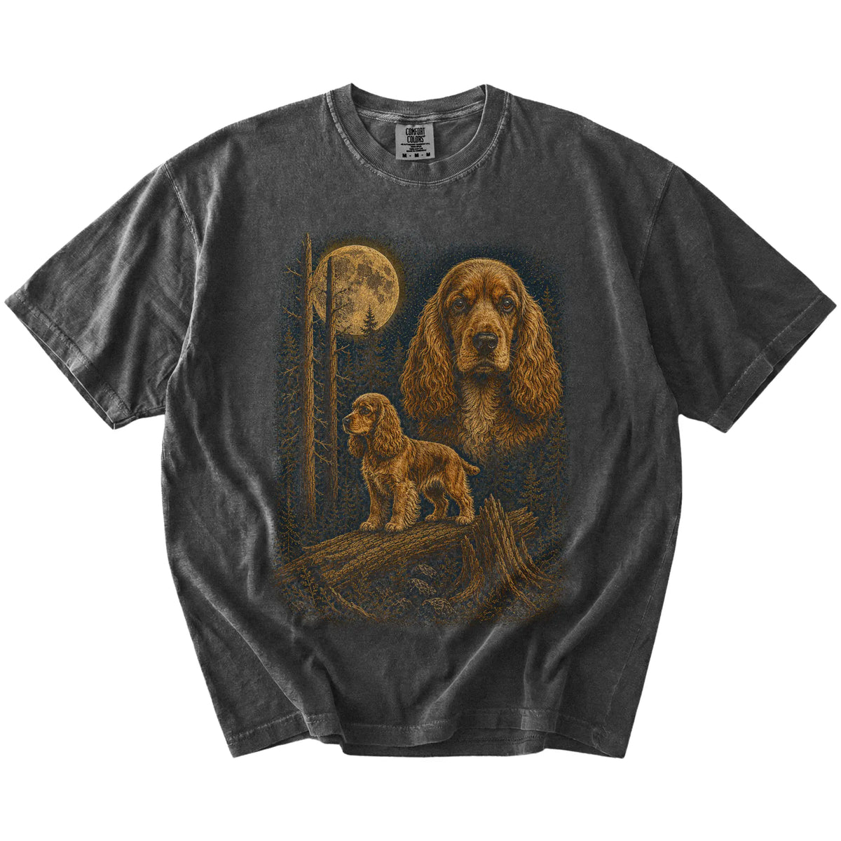 Cocker Spaniel in a moonlit forest on a Pepper t-shirt