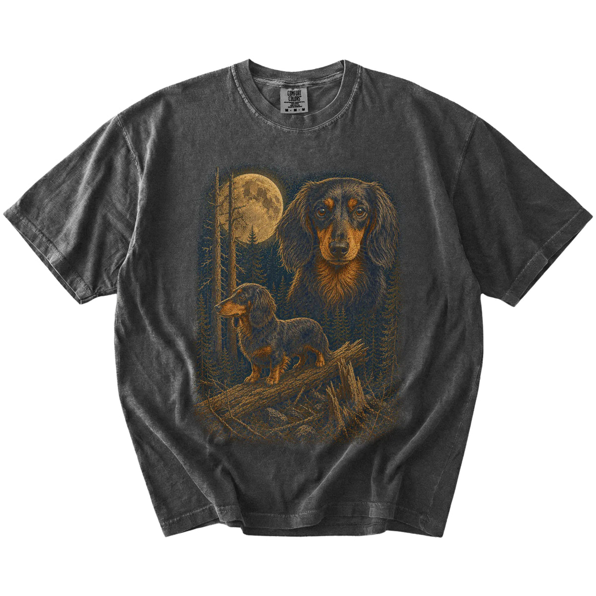 Dachshund in a moonlit forest on a Pepper t-shirt