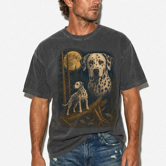 Person wearing a Pepper Dalmatian Wildwood Moon t-shirt