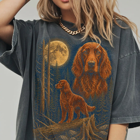Person wearing a Pepper Irish Setter Wildwood Moon t-shirt