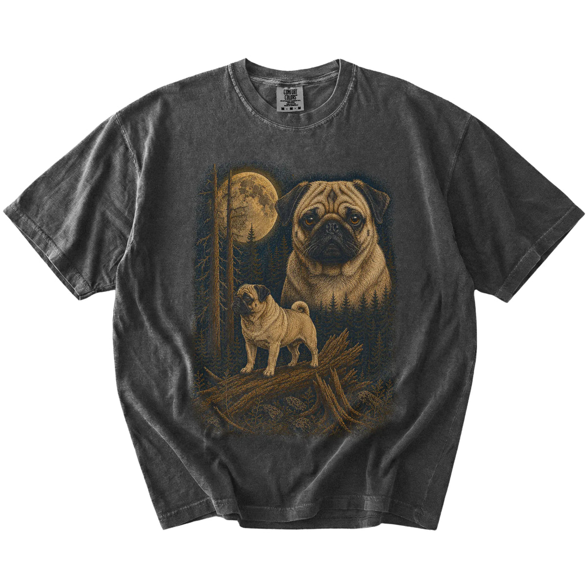 Pug in a moonlit forest on a Pepper t-shirt