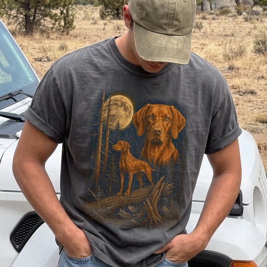 Person wearing a Pepper Vizsla Wildwood Moon t-shirt