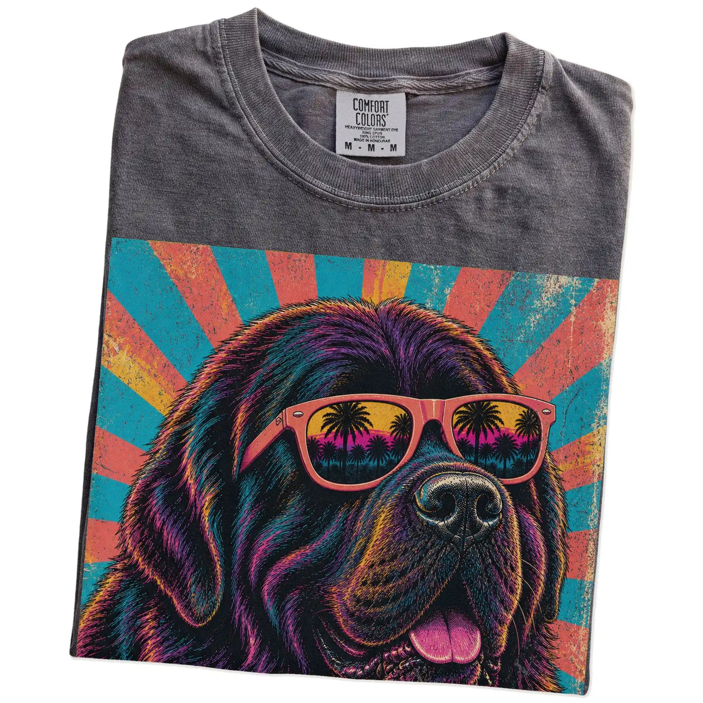 Retro Newfie Mama design on a Pepper Comfort Colors T-shirt folded detail