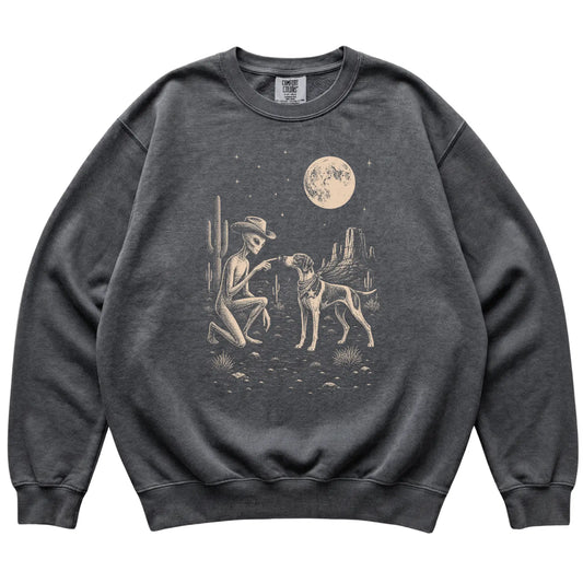 Pepper Comfort Colors® sweatshirt featuring Pointer Cowboy and Alien, laid-flat presentation
