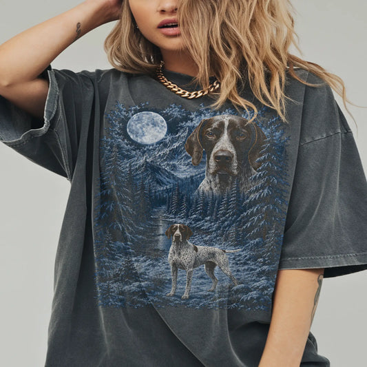 Model wearing a pepper T-shirt with Pointer Winter Moon artwork.