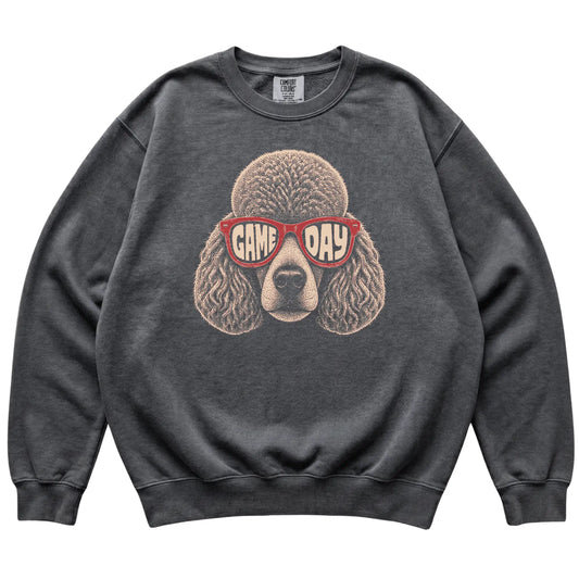 Pepper Poodle Game Day Sunglasses sweatshirt, laid flat