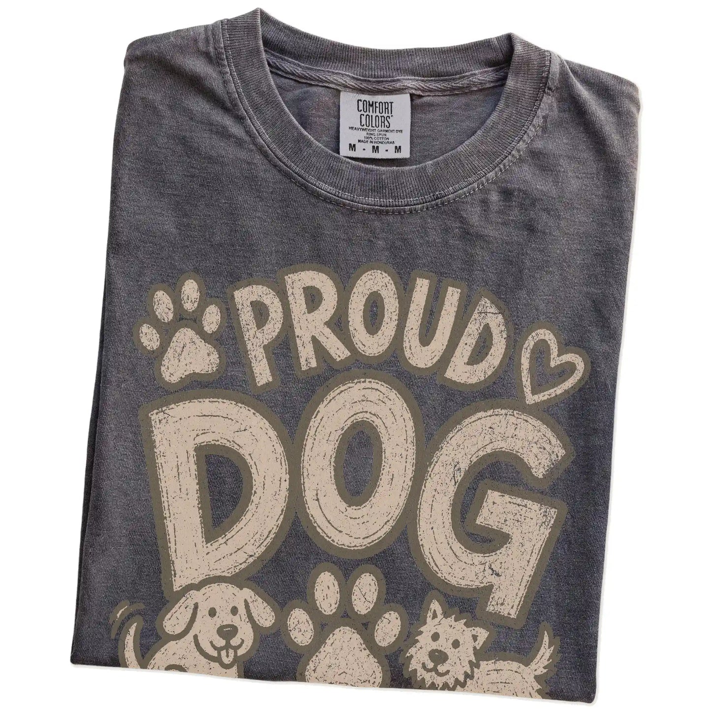 Folded Pepper Comfort Colors® T-shirt showing proud dog mom lettering