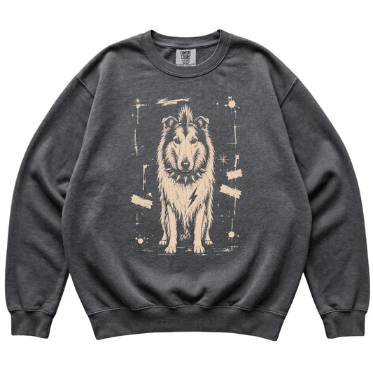 Pepper Punk Rock Collie Comfort Colors sweatshirt, flat view