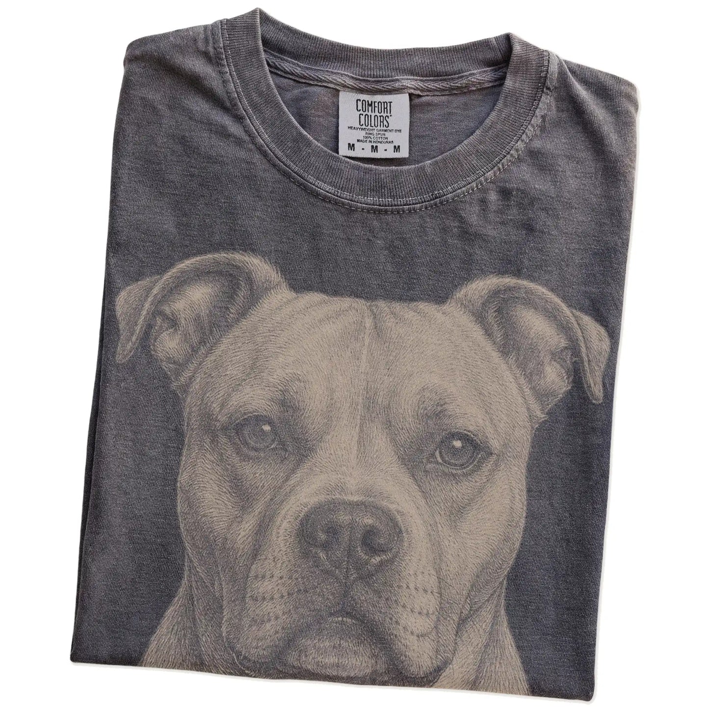 Folded Pepper Comfort Colors® T-shirt showing a realistic drawing of a American Bulldog
