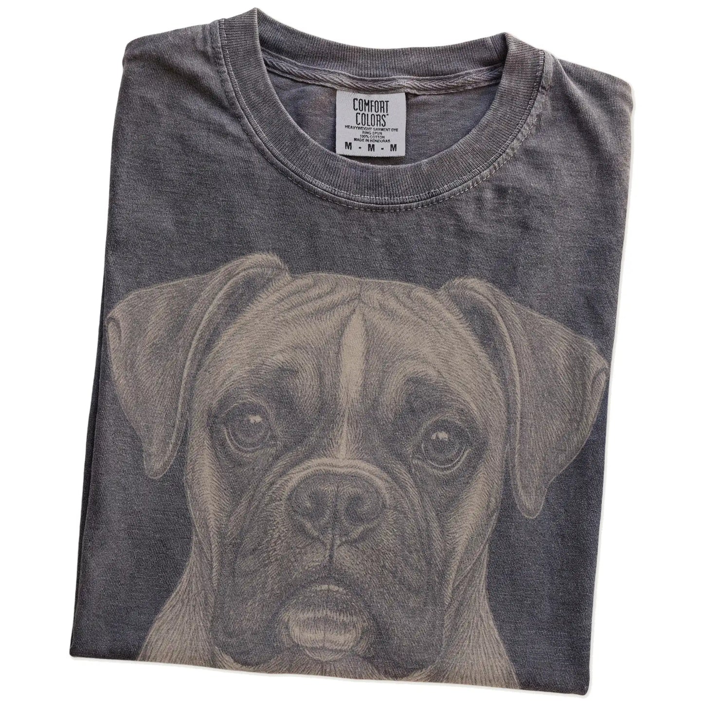 Folded Pepper Comfort Colors® T-shirt showing a realistic drawing of a Boxer