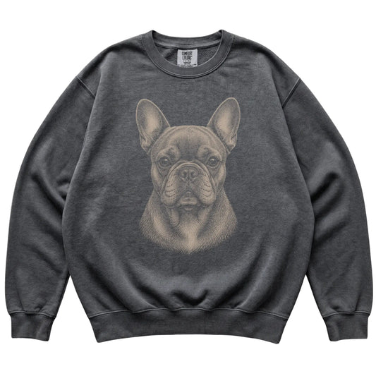Pepper Realistic Drawing French Bulldog Comfort Colors sweatshirt, flat view