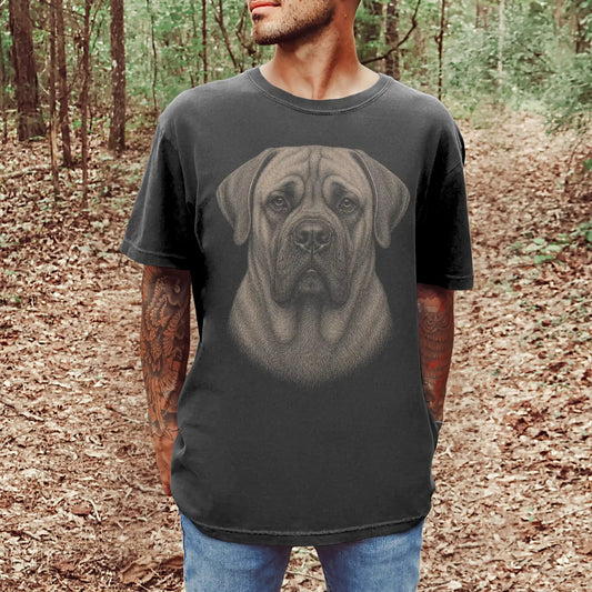 Model wearing a Pepper Comfort Colors® T-shirt with a realistic drawing of a Mastiff