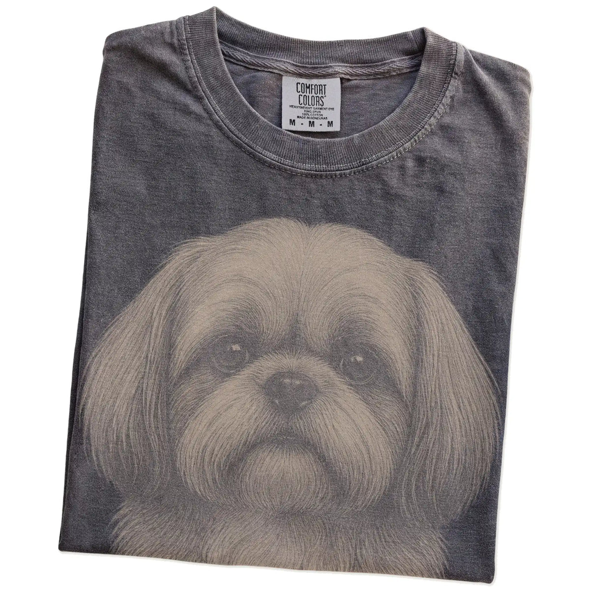 Folded Pepper Comfort Colors® T-shirt showing a realistic drawing of a Shih Tzu