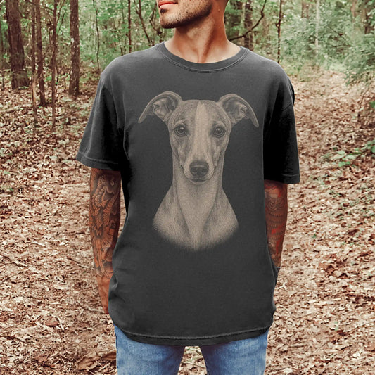Model wearing a Pepper Comfort Colors® T-shirt with a realistic drawing of a Whippet