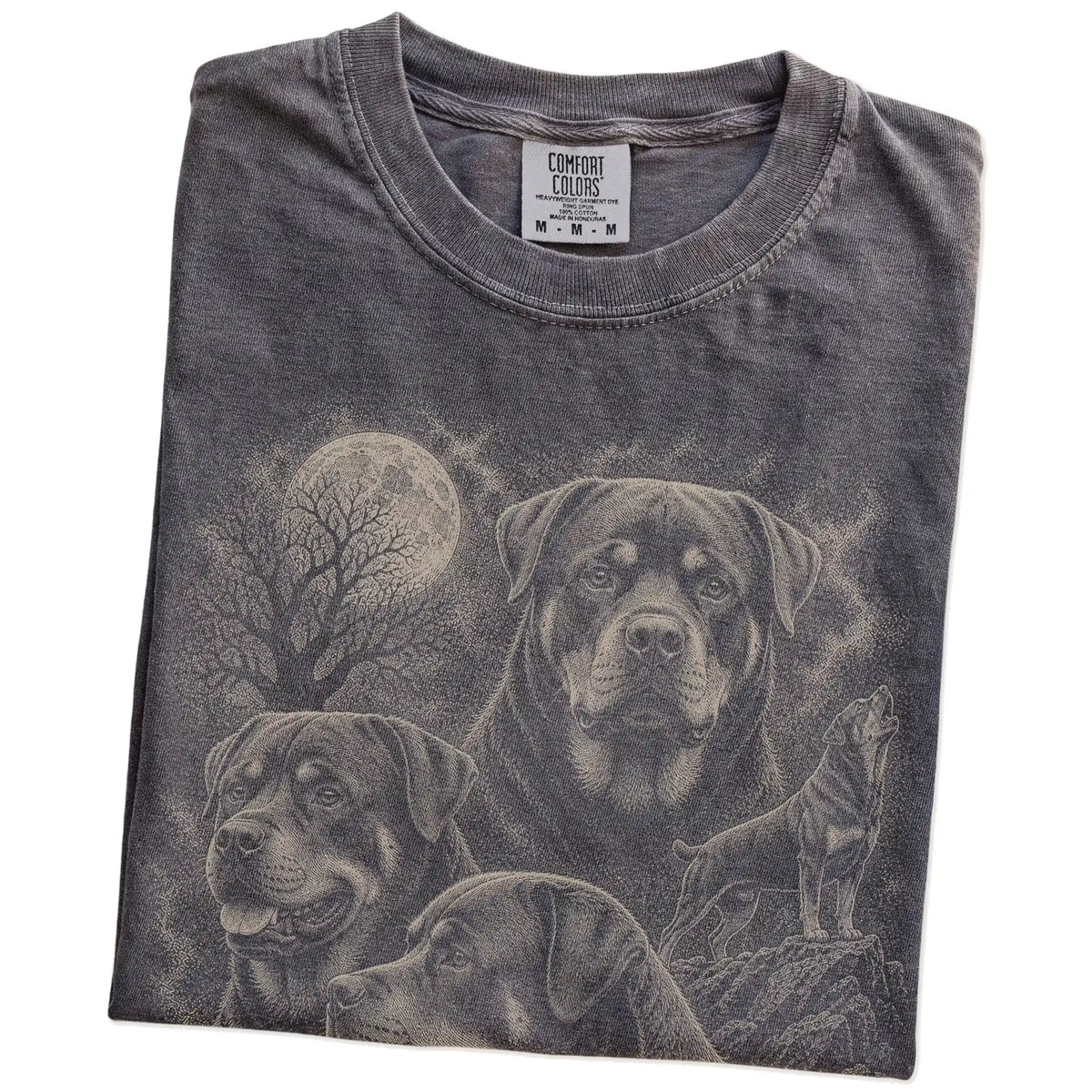 Folded Pepper Comfort Colors® T-shirt showing a vintage moon montage featuring Rottweiler