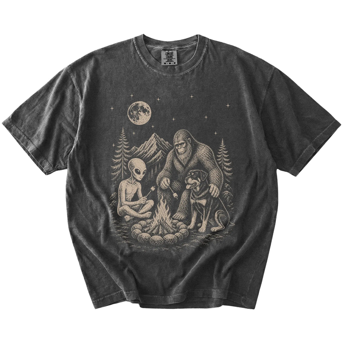 Rottweiler camping with Bigfoot and an alien on a Pepper Comfort Colors® T-shirt