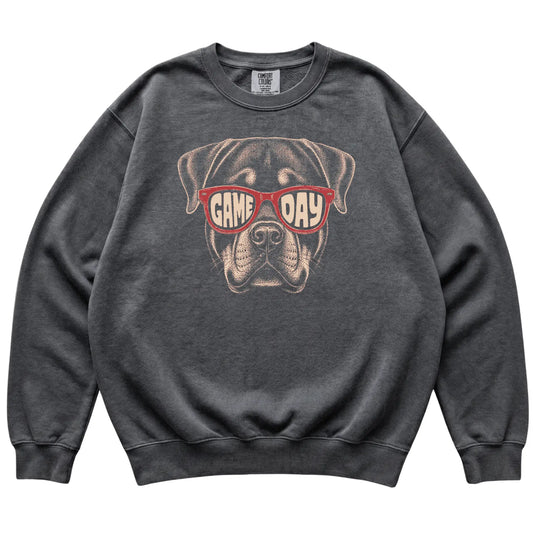 Pepper Rottweiler Game Day Sunglasses sweatshirt, laid flat