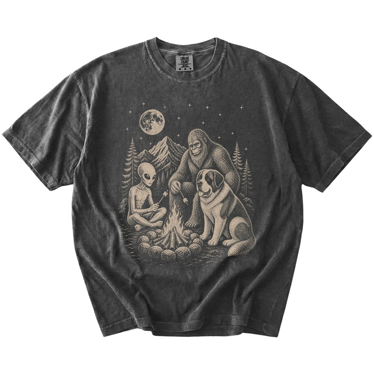 Saint Bernard camping with Bigfoot and an alien on a Pepper Comfort Colors® T-shirt