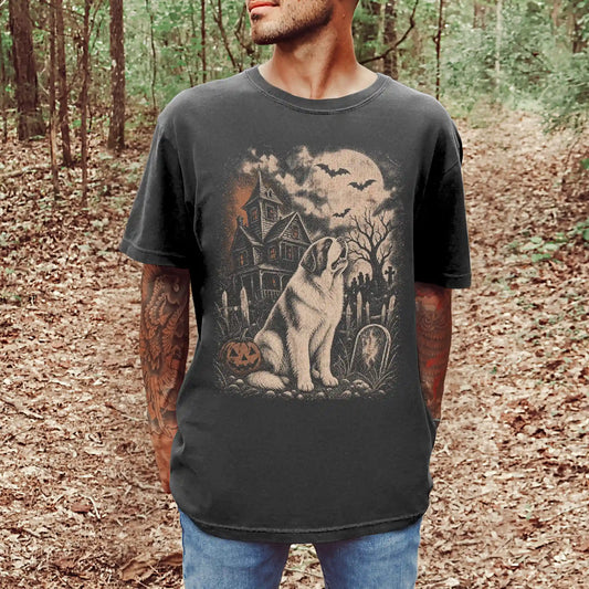 Model wearing a Pepper Comfort Colors® T-shirt showing Saint Bernard in a vintage haunted-house scene